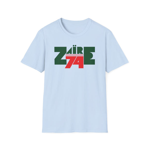 Light blue t-shirt with green "Zaire" text and red "74" graphic.