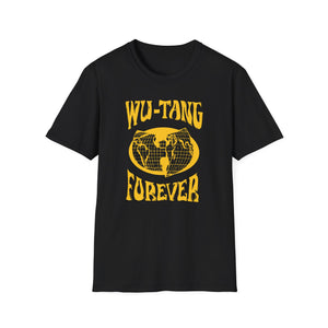 Black t-shirt with yellow Forever text and globe graphic.