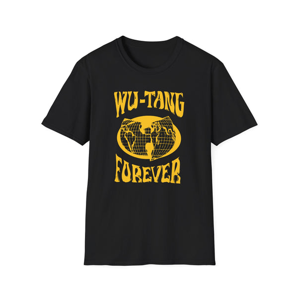 Black t-shirt with yellow Forever text and globe graphic.