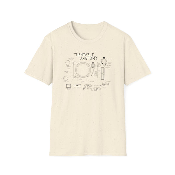 T-shirt with "Turntable Anatomy" diagram labeling parts like platter, tone arm, and stylus.