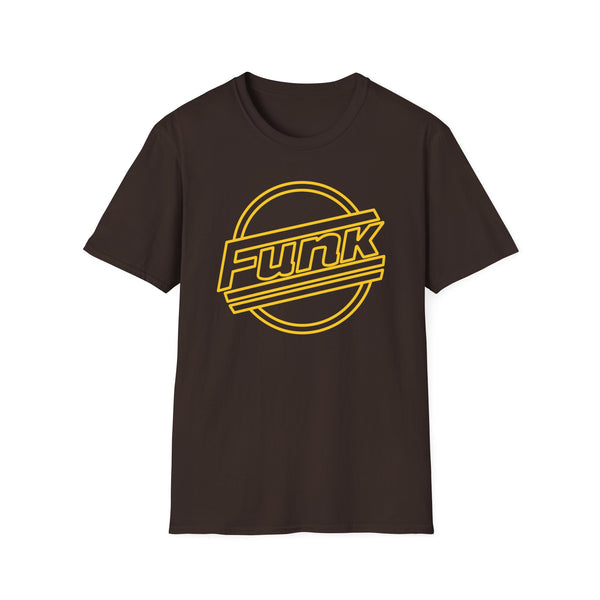Brown t-shirt with yellow 'Funk' text inside a circular outline.