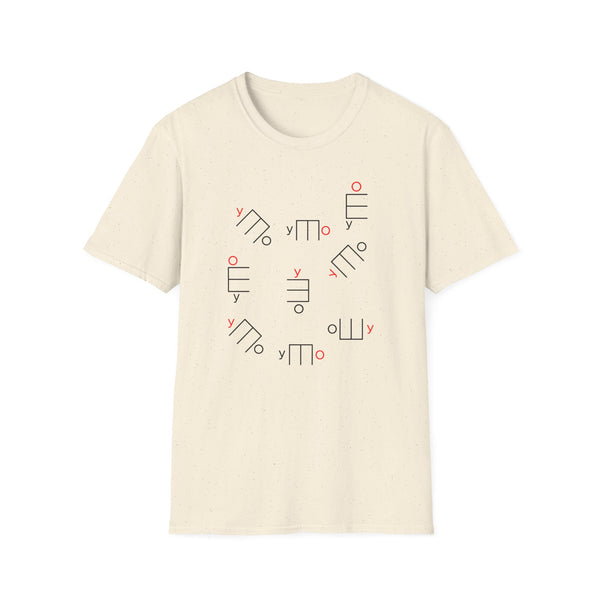 Cream t-shirt with a scattered pattern of geometric shapes and red accents.