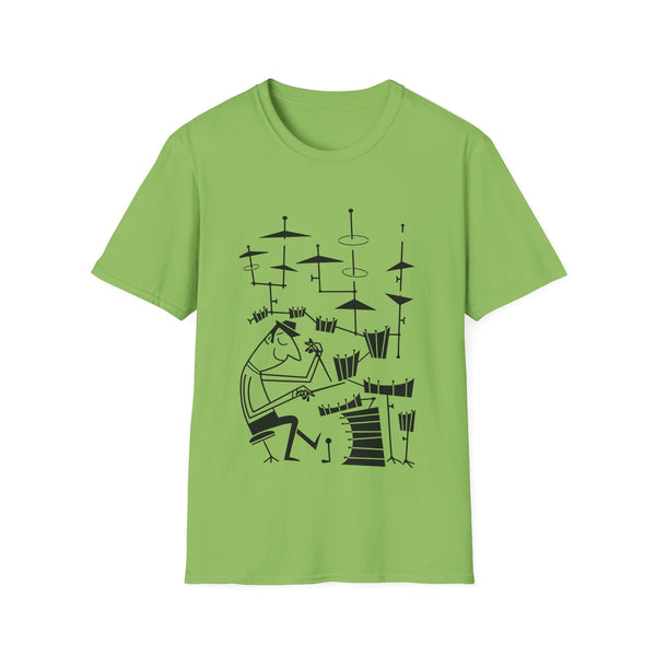 A black line drawing of a drummer on a green t-shirt.