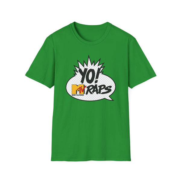Green t-shirt with "YO! MTV RAPS MUSIC TELEVISION" logo in a speech bubble.