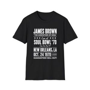 Black t-shirt with "James Brown Soul Bowl '70" concert details in white text.