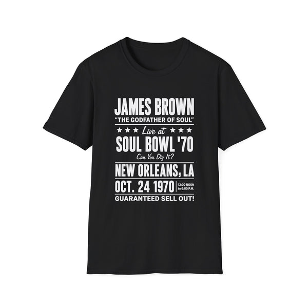Black t-shirt with "James Brown Soul Bowl '70" concert details in white text.