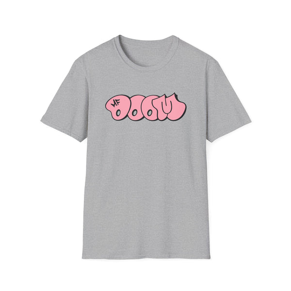 Grey t-shirt with pink graffiti style "MF DOOM" text on the chest.