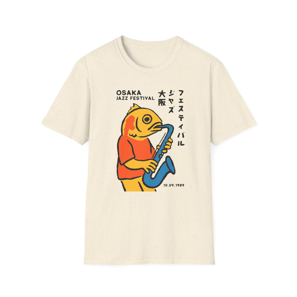 T-shirt with a cartoon fish playing a saxophone, text "OSAKA JAZZ FESTIVAL" and date 10.09.1989.