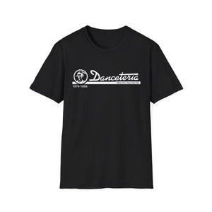 Black t-shirt with white "Danceteria 1979-1986 30w 21st New York City" graphic.