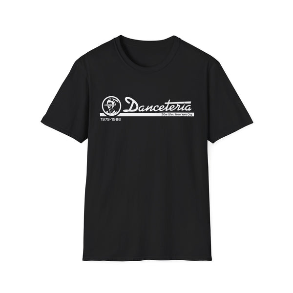 Black t-shirt with white "Danceteria 1979-1986 30w 21st New York City" graphic.