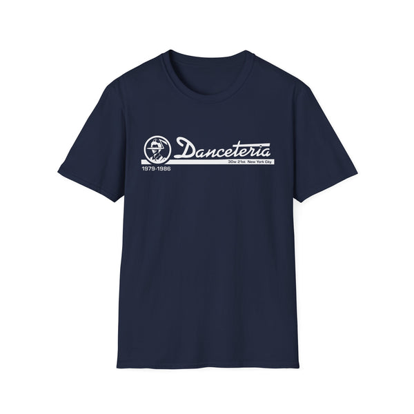 Navy t-shirt with white Danceteria logo and "1979-1986 30w 21st New York City".