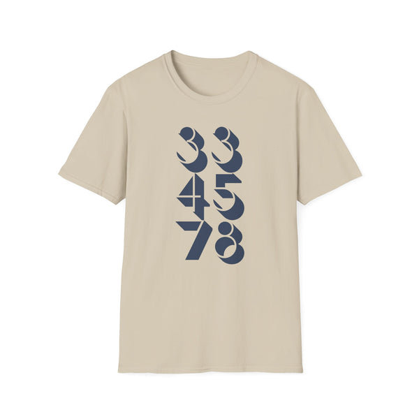 Light beige t-shirt with dark blue numbers 334578 and 3158 graphic print.