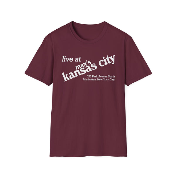Maroon t-shirt with "live at max's Kansas City" and address.