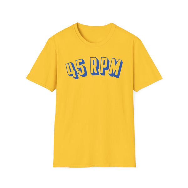 Yellow t-shirt with blue "45 RPM" graphic text.