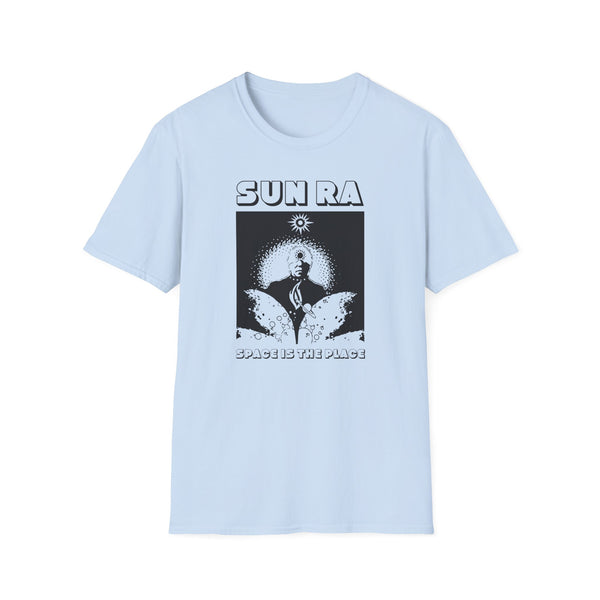 Light blue t-shirt with "SUN RA" and "SPACE IS THE PLACE" text and graphic.
