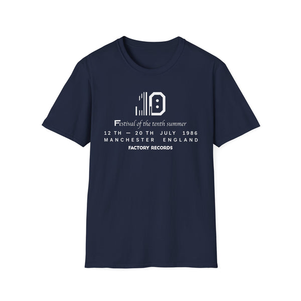 Navy t-shirt with "Factory Records" text and festival details.