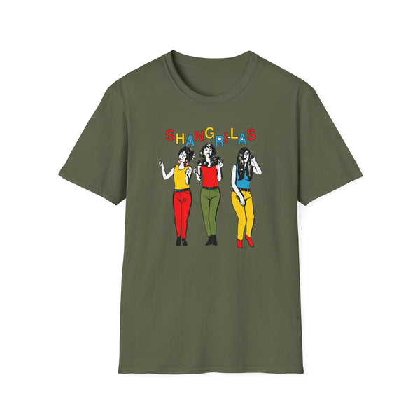 Green t-shirt with "Shangrilas" text and illustration of three women.