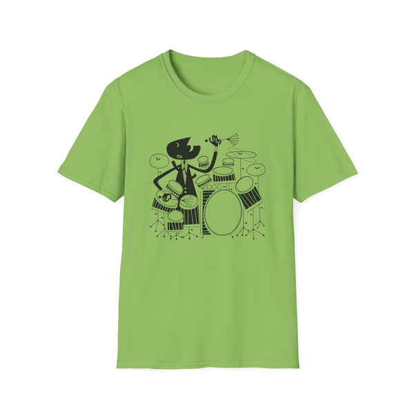 Black cartoon drummer playing a drum set on a light green t-shirt.