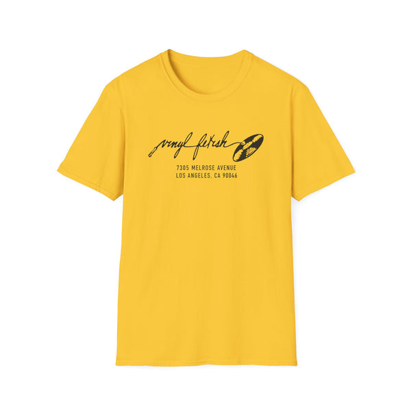Yellow t-shirt with black "Vinyl Fetish" text and address.