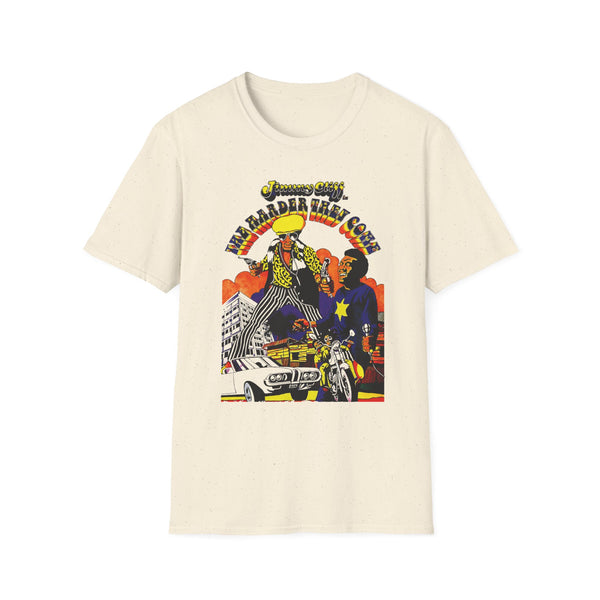 Jimmy Cliff "The Harder They Come" album cover graphic on a cream t-shirt.