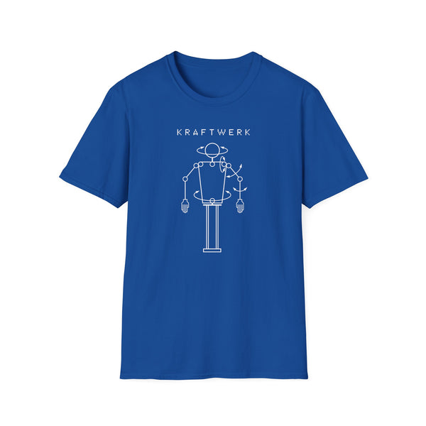 Blue t-shirt with white line art of a robot and "KRAFTWERK".