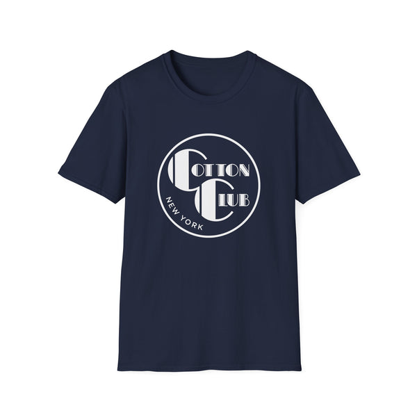 Navy t-shirt with white Cotton Club New York circular logo graphic