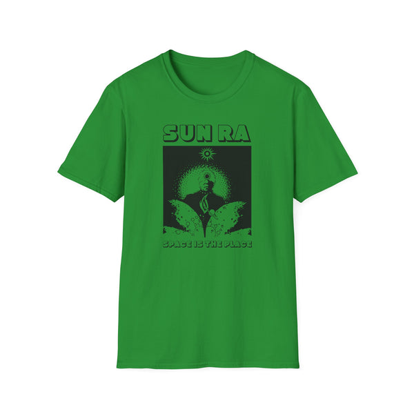 Green t-shirt with black Sun Ra graphic and text "SPACE IS THE PLACE".