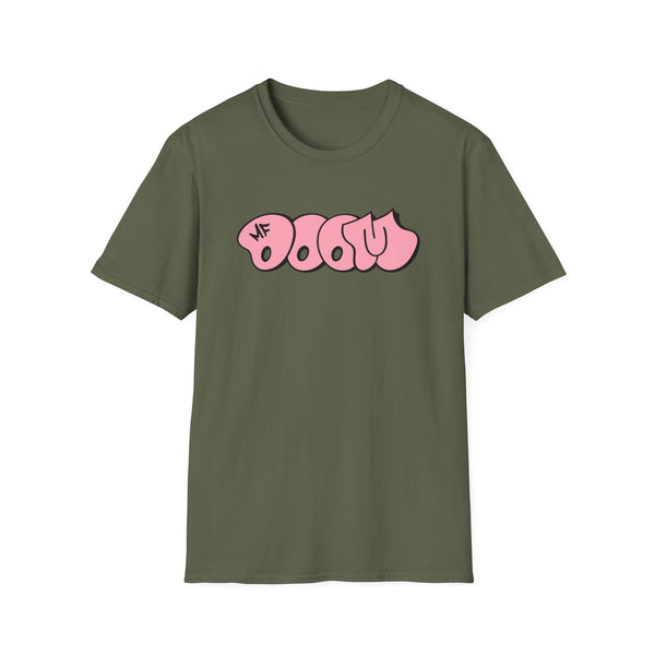 Olive green t-shirt with pink graffiti-style text reading "MF DOOM".
