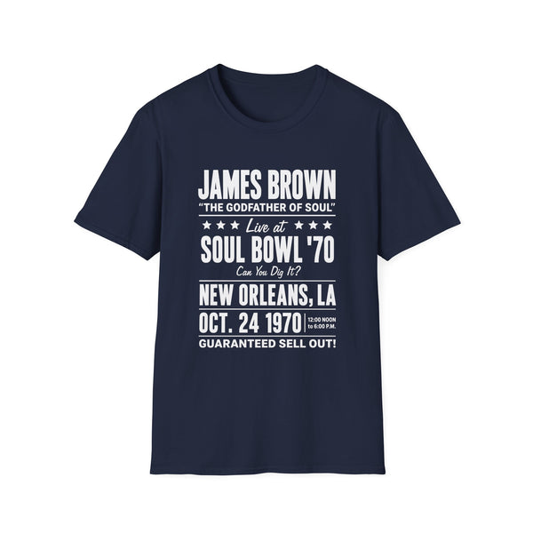 Navy t-shirt with "James Brown - Soul Bowl '70" concert text.