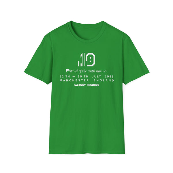 Green t-shirt with "Festival of the tenth summer" text and Factory Records logo.
