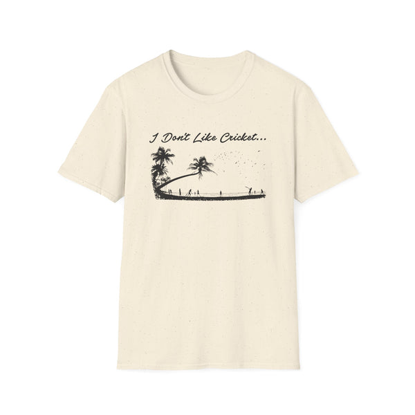 T-shirt with text "I Don't Like Cricket..." and a beach scene.
