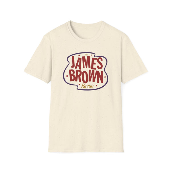 Cream t-shirt featuring "The James Brown Revue" text in red and blue.