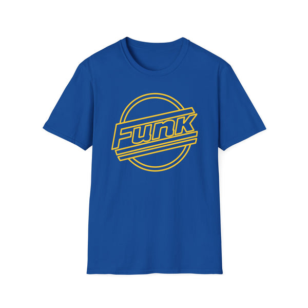 Blue t-shirt with yellow "Funk" circle graphic.