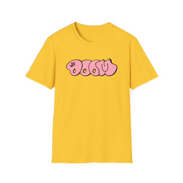 Yellow t-shirt with pink "MF DOOM" bubble lettering graphic.