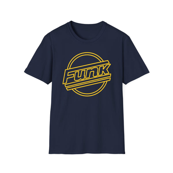 Navy t-shirt with yellow "Funk" graphic in a circular emblem.