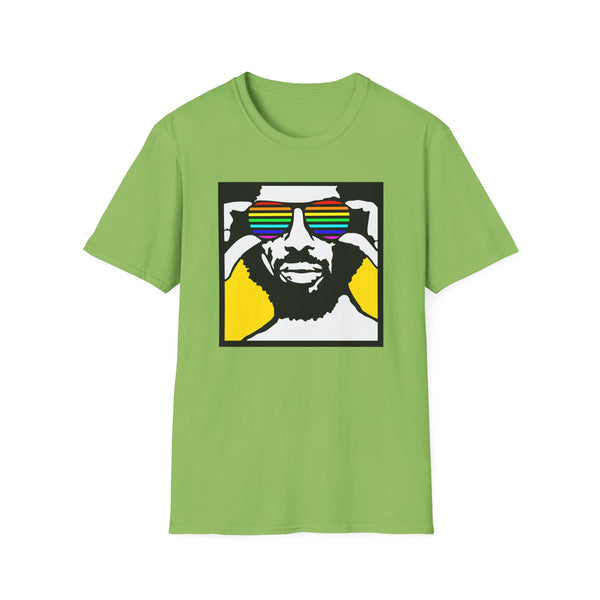Man wearing rainbow sunglasses on lime green t-shirt graphic design