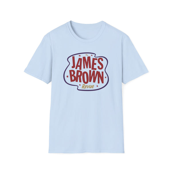 Light blue t-shirt with "The James Brown Revue" logo in white and red.