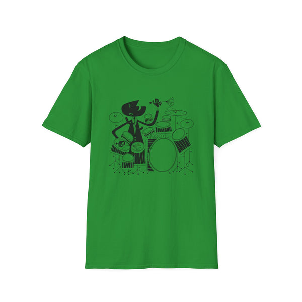 Green t-shirt with a black illustration of a character playing a drum set.