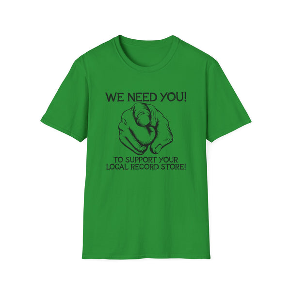Green t-shirt with "We need you!" and pointing finger graphic.