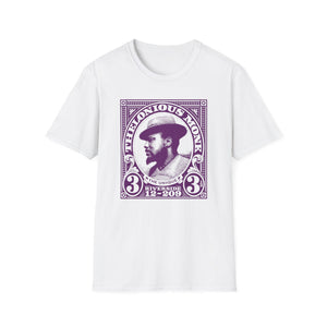Thelonious Monk portrait on a white t-shirt with purple graphic.