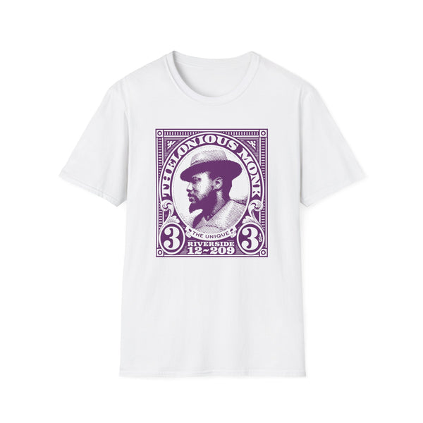 Thelonious Monk portrait on a white t-shirt with purple graphic.