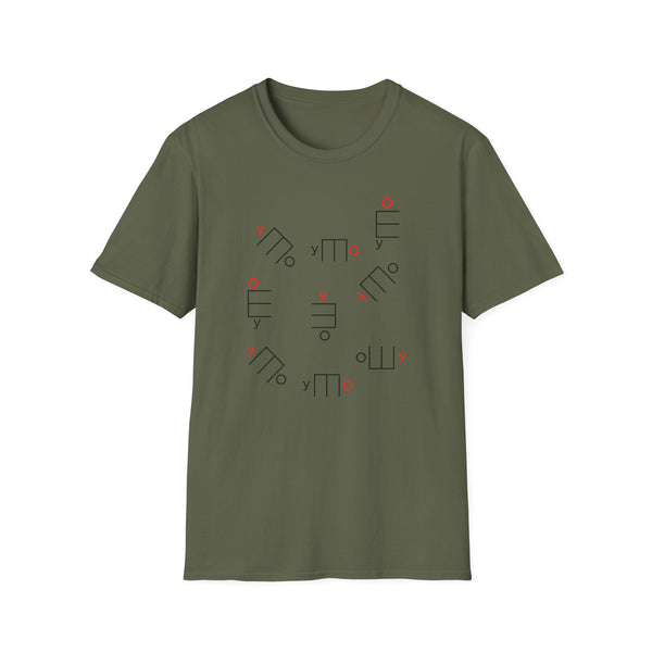 Olive green t-shirt with a scattered pattern of abstract shapes and red letters.