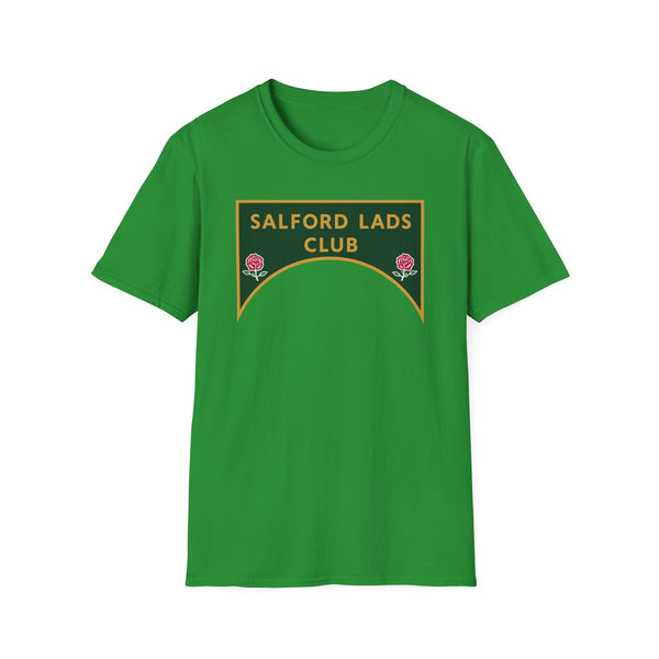 Green t-shirt with "SALFORD LADS CLUB" text and rose emblems.
