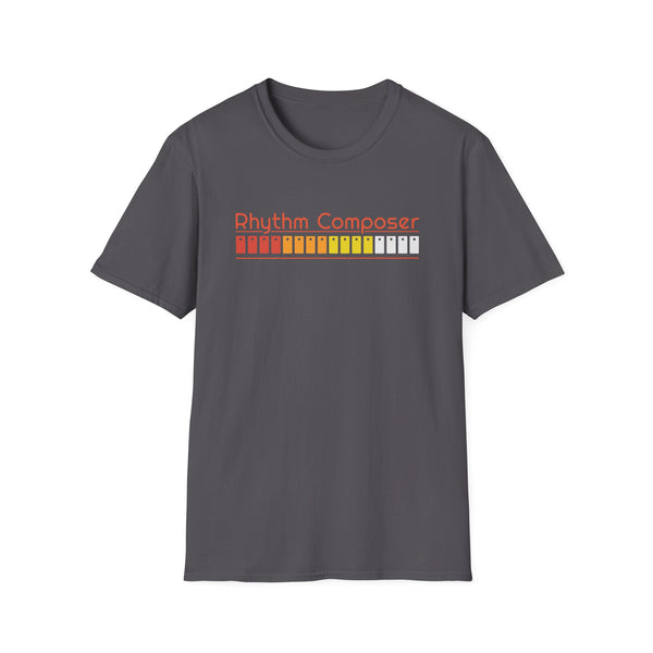 Grey t-shirt with "Rhythm Composer" text and colorful drum machine buttons.