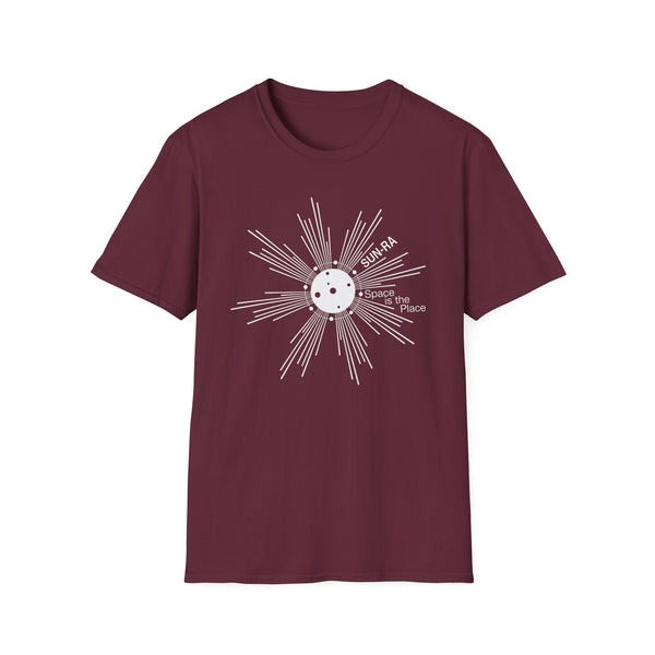 Maroon t-shirt with white graphic of Sun Ra and "Space is the Place" text.