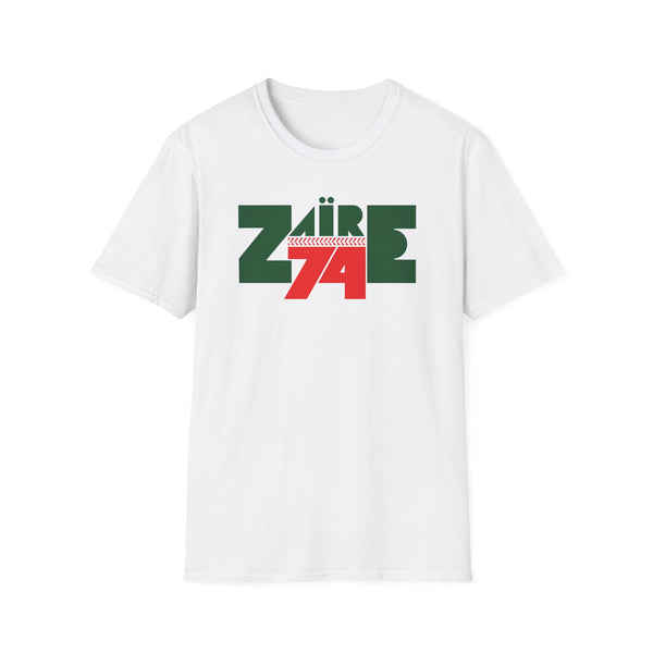 White t-shirt with green and red "ZAÏRE 74" graphic design.