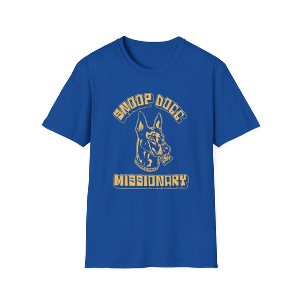 Blue t-shirt with yellow graphics of a dog and text "Missionary".