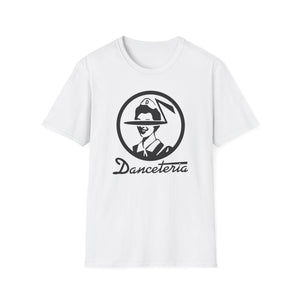 White t-shirt with a black circular logo featuring a person in a hat and the text "Danceteria".