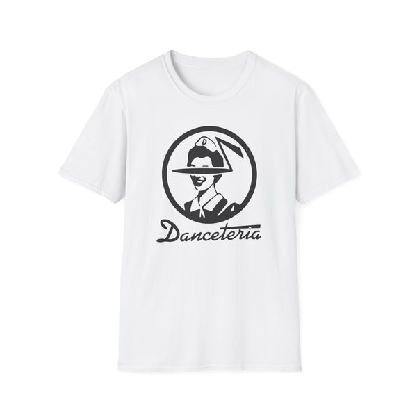 White t-shirt with a black circular logo featuring a person in a hat and the text "Danceteria".