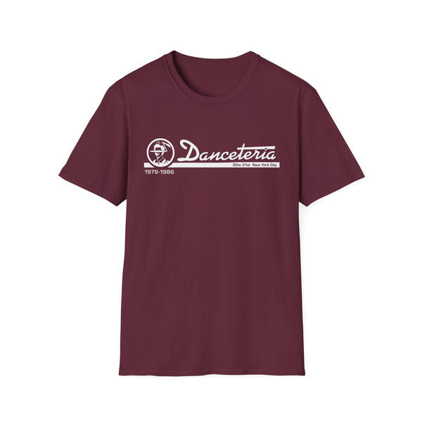 Maroon t-shirt with white "Danceteria 30w 21st New York City 1979-1986" logo.